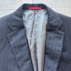 ISAIA Recent Striped Charcoal + Blue Wool Blazer - 38R